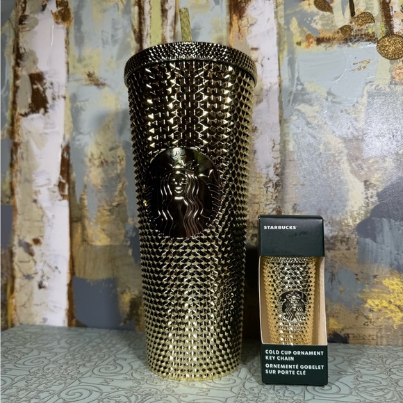 NWT Starbucks Gold Chrome Venti Studded Tumbler and Matching Keychain Bundle - Picture 4 of 4
